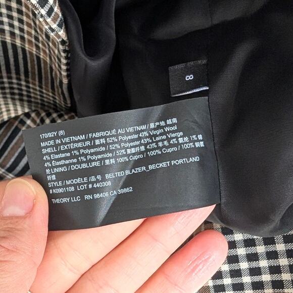 Theory Becket Brown Wool Blend Belted Plaid Checked Blazer, size 8 - Picture 10 of 11